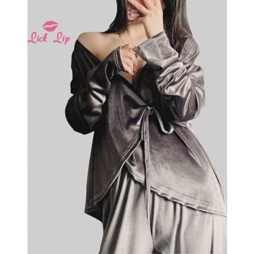 Lick Lip Autumn Sexy Gold Velvet Long Sleeves Sleepwear Solid Deep V-Neck Nightgown Comfort And Leisure Home Clothes SWD13181-30