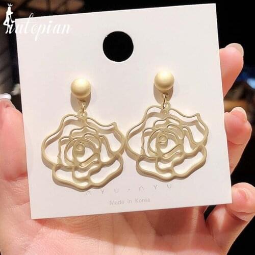 Iutopian Brand Korean Matte Gold Style Rose Flower Drop Earrngs For Women S925 Needle Anti Allergy Gift Party Jewelry #HJ023