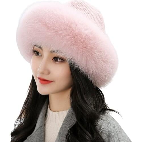 Women Real Rex Rabbit Fur Peaked Caps With Real Fox Fur Ball Hand-Woven Winter Warm Hats With A Brim Fluffy Soft 4Colors