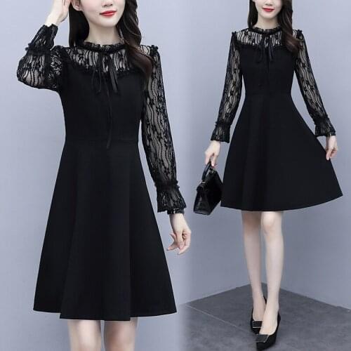 Women Lace Sexy Black DRess 2021 Autumn Long Sleeve A-Line Skater Birthday Party Cocktail Loose Slim Casual Lady Dresses Clothes