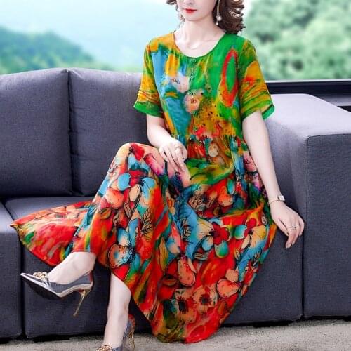 2021 Vintage Boho Floral Mulberry Silk Maxi Dress Summer Short Sleeve Print Beach Midi Dress Women Elegant Bodycon Party Vestido
