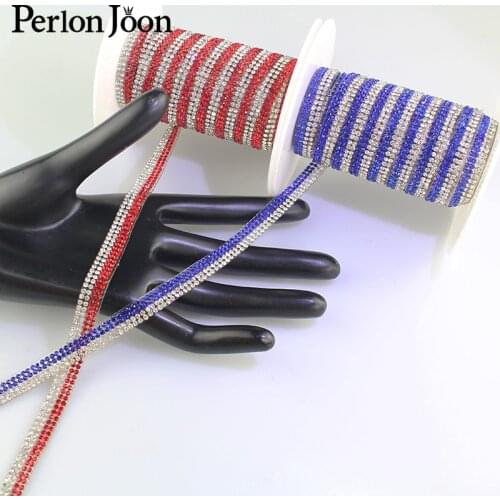 1 yard Red blue white Two-tone hot fix rhinestone tape ribbon crystal rhinestone decoration iron on shoes clothing accessories