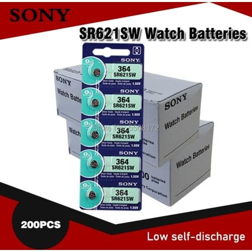 200pcs Sony 364 100% Original 1.55V Silver Oxide Watch Battery 364 SR621SW V364 SR60 SR621 AG1 Button Coin Cell MADE IN JAPAN