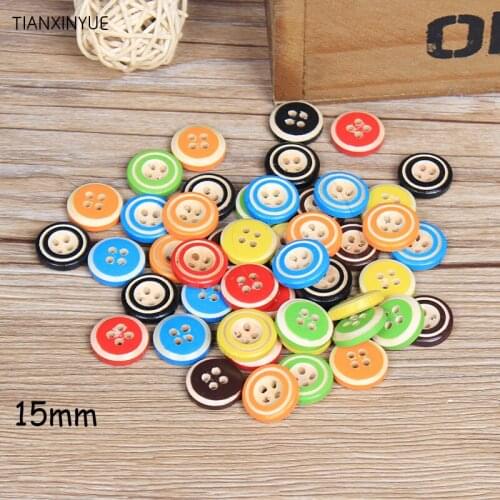 50 pcs Multicolor Round bilateral button, Print 4 Holes Wooden Buttons 15mm Sewing Scrapbooking Crafts,Clothing accessories