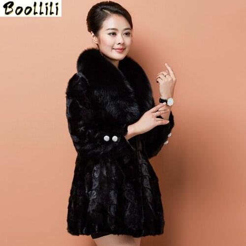 Boollili 2020 Luxury Real Fur Coat Mink Coats Women Winter Warm Female Jacket Fur Coats Natural Fox Fur Collar Plus Size