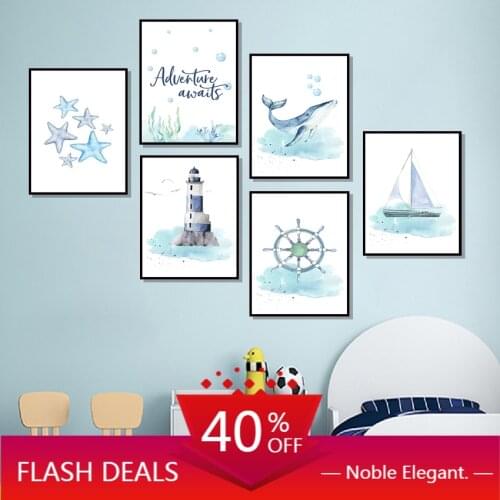 Nautical Sea Nursery Child Poster Whale Ship Christmas Canvas Painting Wall Art Print Nordic Kid Home Decoration Baby Bedroom De