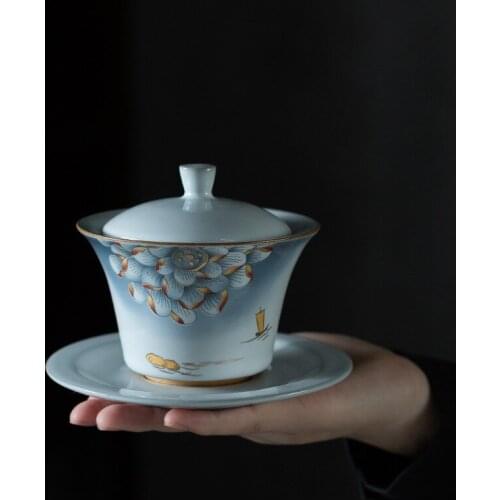 Ceramic Sancai Covered Bowl Chinese Handmade Household Large Teacup Kung Fu Teaset Azure Ruihe Single Tureen