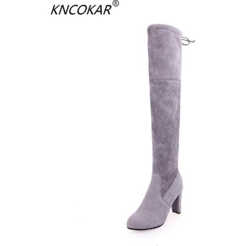 KNCOKAR 2018 spring and winter big size boots over the knee to show a thin high heel thick boots female size 35-43