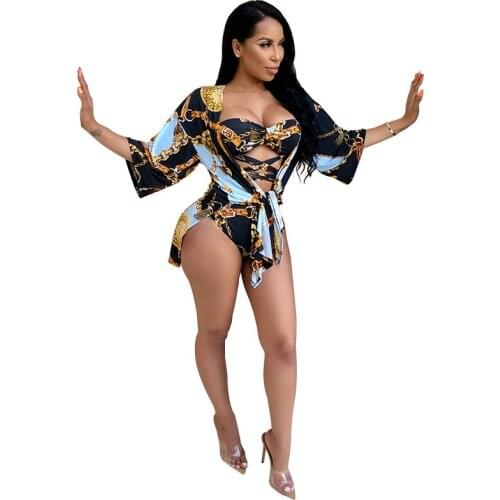 Two-Piece Set Female Sexy Swimsuit Printed Bandage Cardigan + Bikini Bodysuit Suit Women Summer Beach Swim Pool Playsuits Vinage