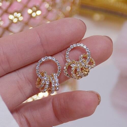 Korean hot fashion jewelry 14K real gold electroplated copper inlaid CZ zircon earrings elegant simple round womens earrings