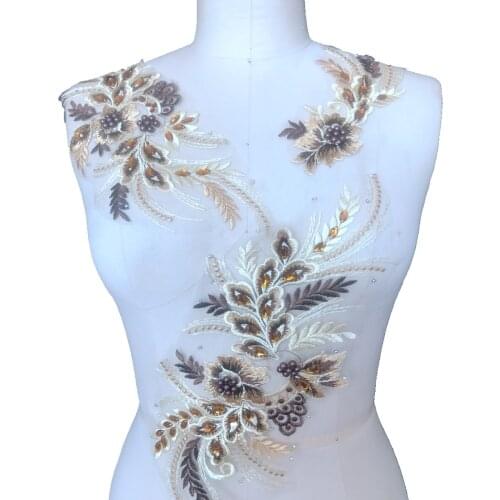 Brown/golden lace applique with peal rhinestones triming patches for dress DIY accessories 3pcs/lot