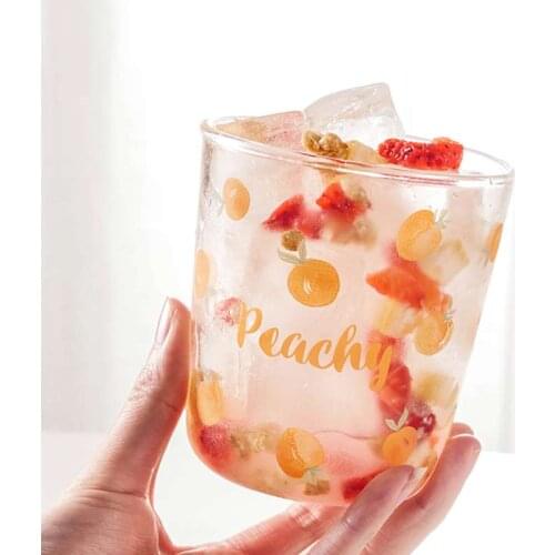 450ml Creative Fruit Printed Glass Cup Transparent Glass Cuffee Mug Flower Tea Juices Milk Cup Breakfast Drinkware Xmas Gifts
