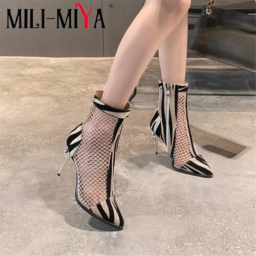 MILI-MIYA Fashion Women Cool Boots Microfiber&Mesh Breathe Zipper Pointed Toe Mixed Colors Sexy Thin Heels Large Size 34-50