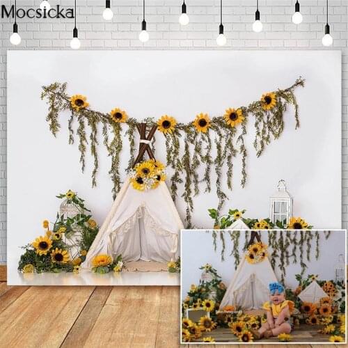 Mocsicka Sunflower Floral Cake Smash 1st Birthday Backdrops Tent Decor Children Portrait Photographic Studio Photo Backgrounds