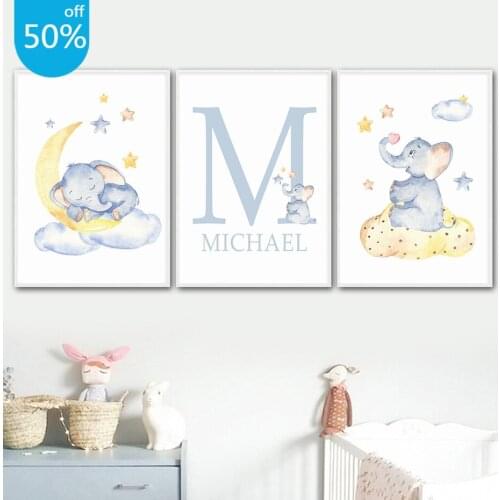 Cartoon Blue Elephant Moon Stars Babys Name Boy Custom Posters Canvas Painting Nursery Wall Art Print Pictures Kids Room Decor