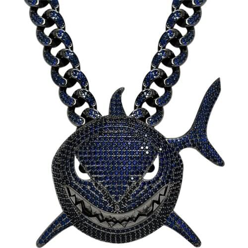 MenS Hip Hop Shark Pendant Iced Out Sparkling 5A Blue Cubic Zirconia With Big Miami Cuban Chain Link Necklace