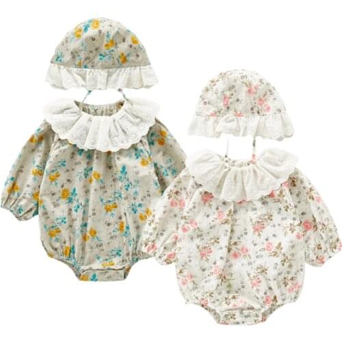 Autumn Newborn Baby Clothes Lace Floral Twins Baby Bodysuit Toddler Girls Hat Pure Cotton Infant Girl Birthday Party Clothes