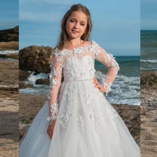 Flower Princess Dress For Weddings Ball Gown Lace Sleeve Elegant Children Dresses Party Birthday Baby Girl Dress
