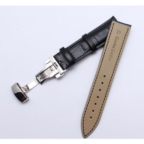 Black Cowhide Leather Watchbands 14mm 16mm 18mm 19mm 20mm 21mm 22mm With Silver Butterfly Buckle clasp Promotion Watchbands men