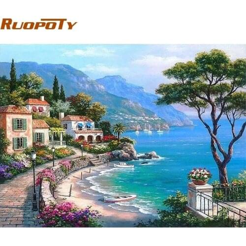 RUOPOTY Frame The Mediterranean Sea DIY Painting By Numbers Seascape Handpainted Oil Painting Home Wall Artwork For Living Room
