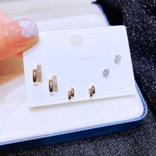 Trendy 3 Pairs INS Style Small Geometric Stud Earrings Set Gold Color Cubic Zirconia Earrings for Women
