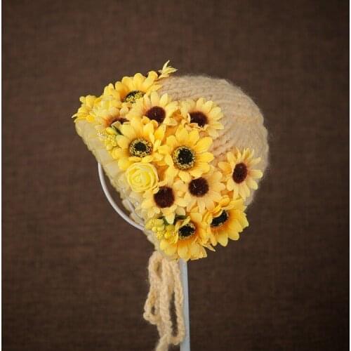 Newborn baby flowers hat photography props hat studio photo headdress Baby flower knitted wool hat
