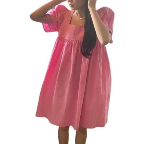 Chic Korea Cute Summer Dress 2021 Women Solid Square Neck Puff Sleeve Cotton Dress Sweet Casual Simple Doll Vestidos 15622