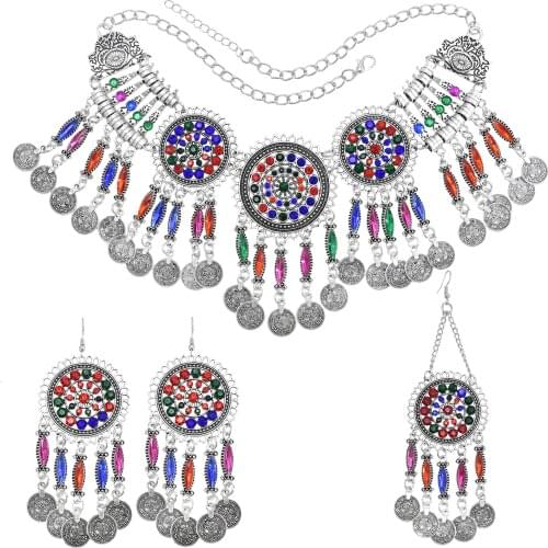 Turkish Jewelry Sets for Women Boho Crystal Necklace Earring Hair Clips Coin Tassel Bridal Wedding Party Indian Afghan Tribal