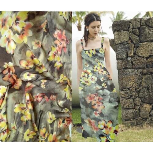 High-quality French Lace flax Senior 25% silk fabric yellow flowers print linens blended fabric cool air dress cloth tissu