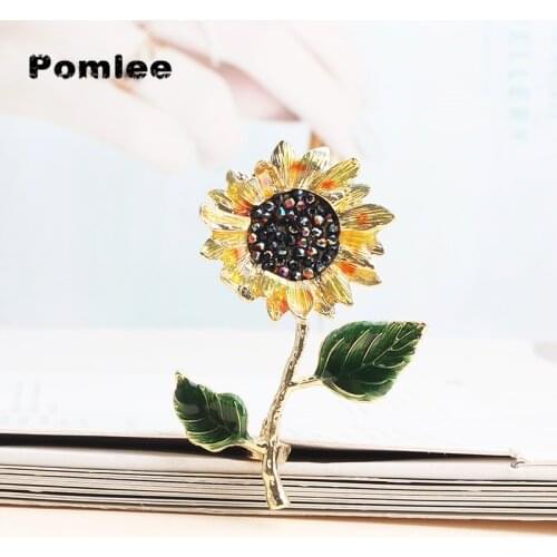 Pomlee Enamel Sunflower Brooches For Women Fashion Coat Corsage Wedding Rhinestone Pins High Quality Jewelry Gift 2021 NEW