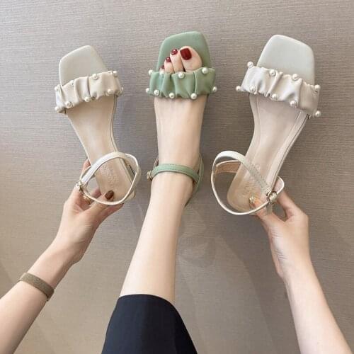 Womens High Heels, Pleated Fashion Solid Color Pearl Sandals