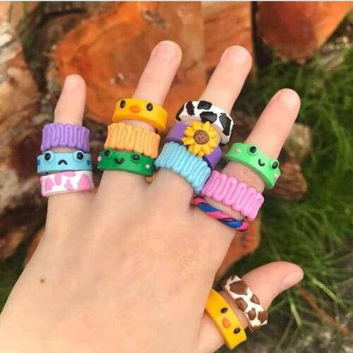 Bohemia Multicolor Soft Pottery Clay Frog Chunky Rings For Women Girls Handmade Aesthetic Squiggle Rings Summer Jewelry