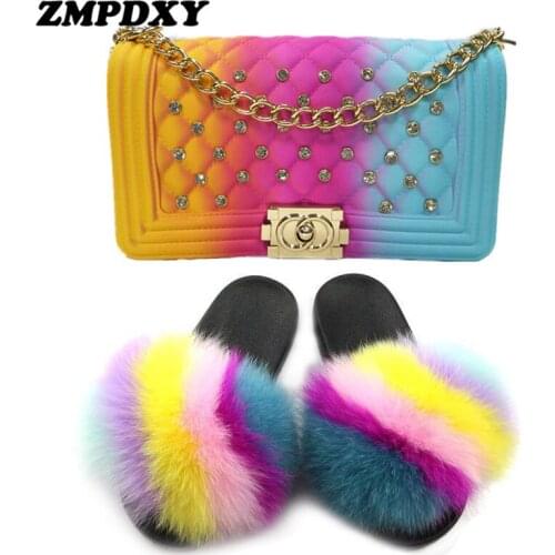 Women Fur Slides With Matching Purse Rainbow Rhinestone Jelly Handbag Ladies Luxury Fluffy Fox Fur Slippers Home Furry Sandals