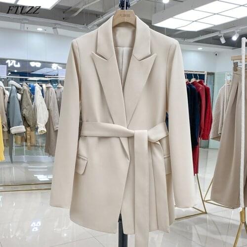 FTLZZ New Office Lady Turn-down Collar Sash Tie Up Blazer Elegant Female Beige Black Long Sleeve Blazer with Belt