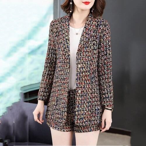2021 Spring Fall Womens New Fashion Chic Large Size Korean Slim Single-breasted Small Fragrant Tweed Suit Shorts Color Set s312