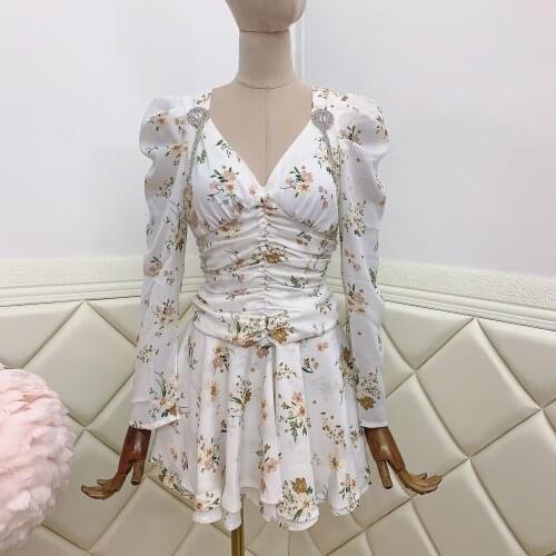 Woman dress Sexy V-neck White Floral Chiffon Dress Female Long-Sleeved 2021 New Summer Ruched Dresses vestido de mujer robe