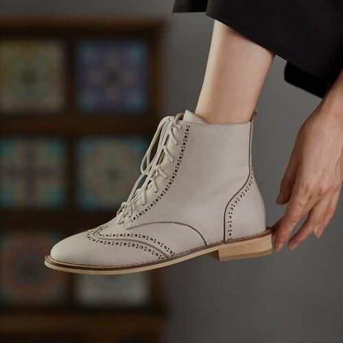 2021 New Women Ankle Boots Genuine Leather Classic Vintage Lace Up Ladies Boots Low Heel 2020 Autumn Black Brown Botas Feminina