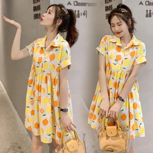 826# Maternity Dress Summer Turn Down Collar Short Sleeve Easy Matching Loose Stylish Dress for Pregnant Women Mom Dress