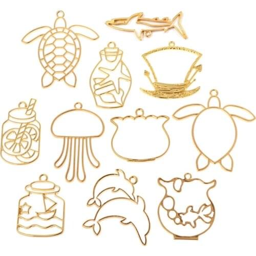 83XC 11 Pcs/Set DIY Epoxy Resin Crafts UV Resin Metal Frame Jewelry Making Necklace Pendant Creative Turtle Dolphin Animals