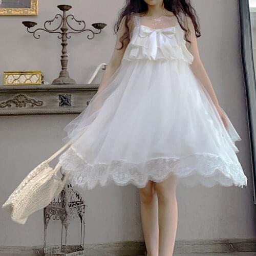 White Japanese Fairy Dress Women Bow Sweet Soft Kawaii Strap Dress Casual Princess Ruffle Mesh Dresses for Women Summer 2021 New