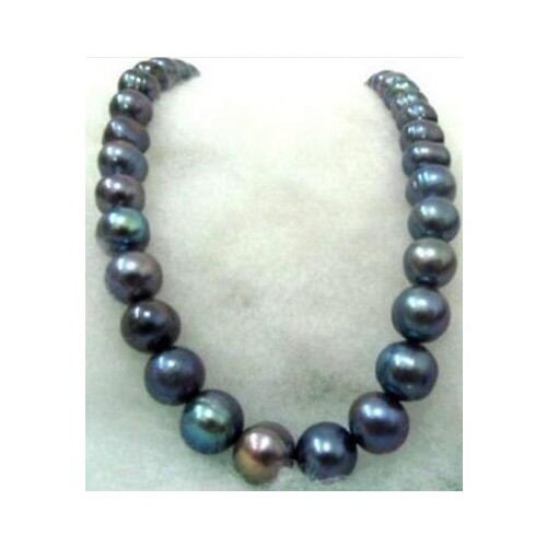Free shipping >>>>noble jewelry Freshwater 12-11MM natural BLACK blue PEARL NECKLACE 14k
