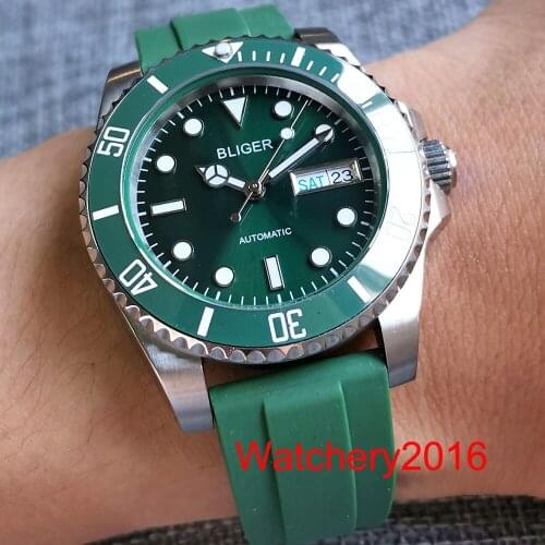 Bliger 40mm Green Dial Luminous Hand 24Jewels NH36A Sub Automatic Men Watch Date Week Rotating Bezel Rubber Band Sapphire Glass