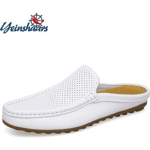 YEINSHAARS Fashion Men Slip on Half Drag Genuine Leather Shoes Men Hollow Outs Breathable Loafers Top Quality Designer Shoes