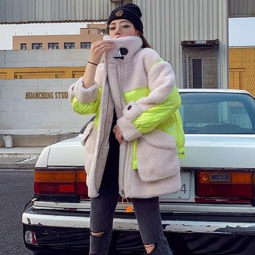 Winter Lambswool Splice Coats Women 2021 Fashion Cotton Coats Short Warm Winter Jacket Female Oversize Lambswool Parka Jackets