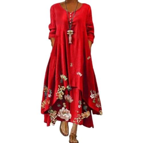 Summer Dress Women-Clothing Loose Casual Printed Long Sleeved Irregular Hem Long Dress Female Plus Size Dresses Robe Vestidos
