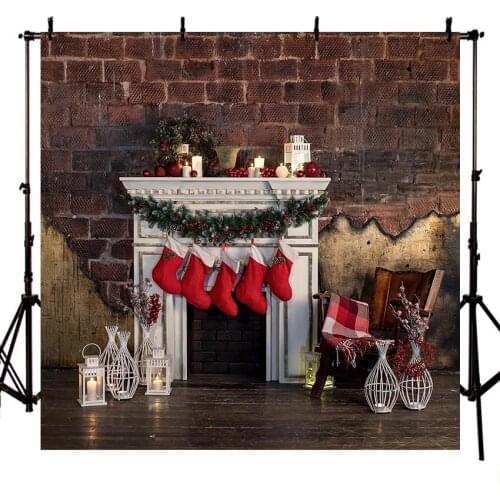 Mwhofond Merry Christmas Backdrop Fireplace Christmas Stocking Decor Photography Background Props Photo Studio Banner Photozone