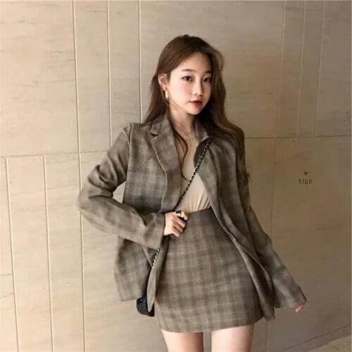 Two-Piece OL Office Suit Sets Women Plus Size Korean Chic Spring Autumn Long Sleeve Suit Jacket Coats And Mini Plaid Skirt 2020