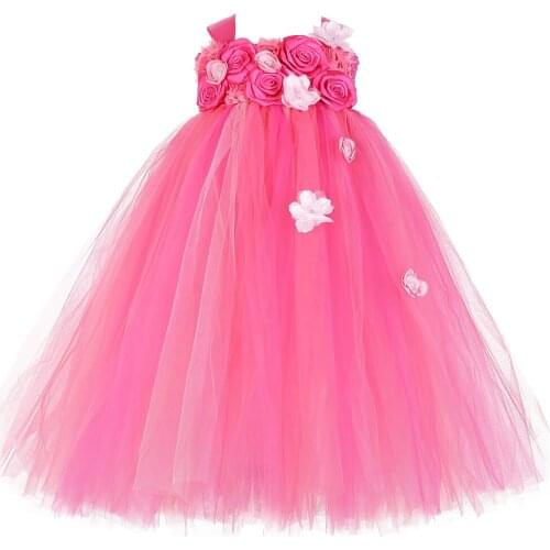 Orange, Hot Pink Flower Girl Tutu Dress Ankle-Length Rose Flowers Girls Wedding Party Dress Gown Tulle Kids Princess Dress 1-14Y