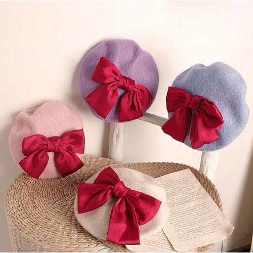 Autumn Winter Baby Girl Beret Hat Sweet Princess Bow Kids Painter Cap Solid Color Children Cap Toddler Girl Bonnet Cap