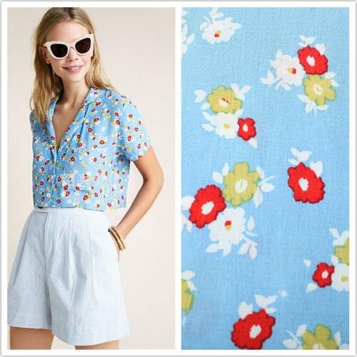 Flower Printed Polyester Sky Blue Fabric Parent-child Clothing Shirt Children Fabrics Cloth Per Meter for Dress Sewing Material
